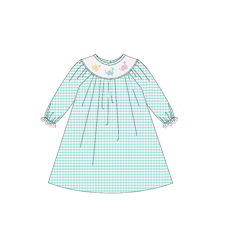 Baby Girls Aqua Plaid Long Ruffle Sleeves Dinosaurs Smocked Knee Length Dresses Preorder