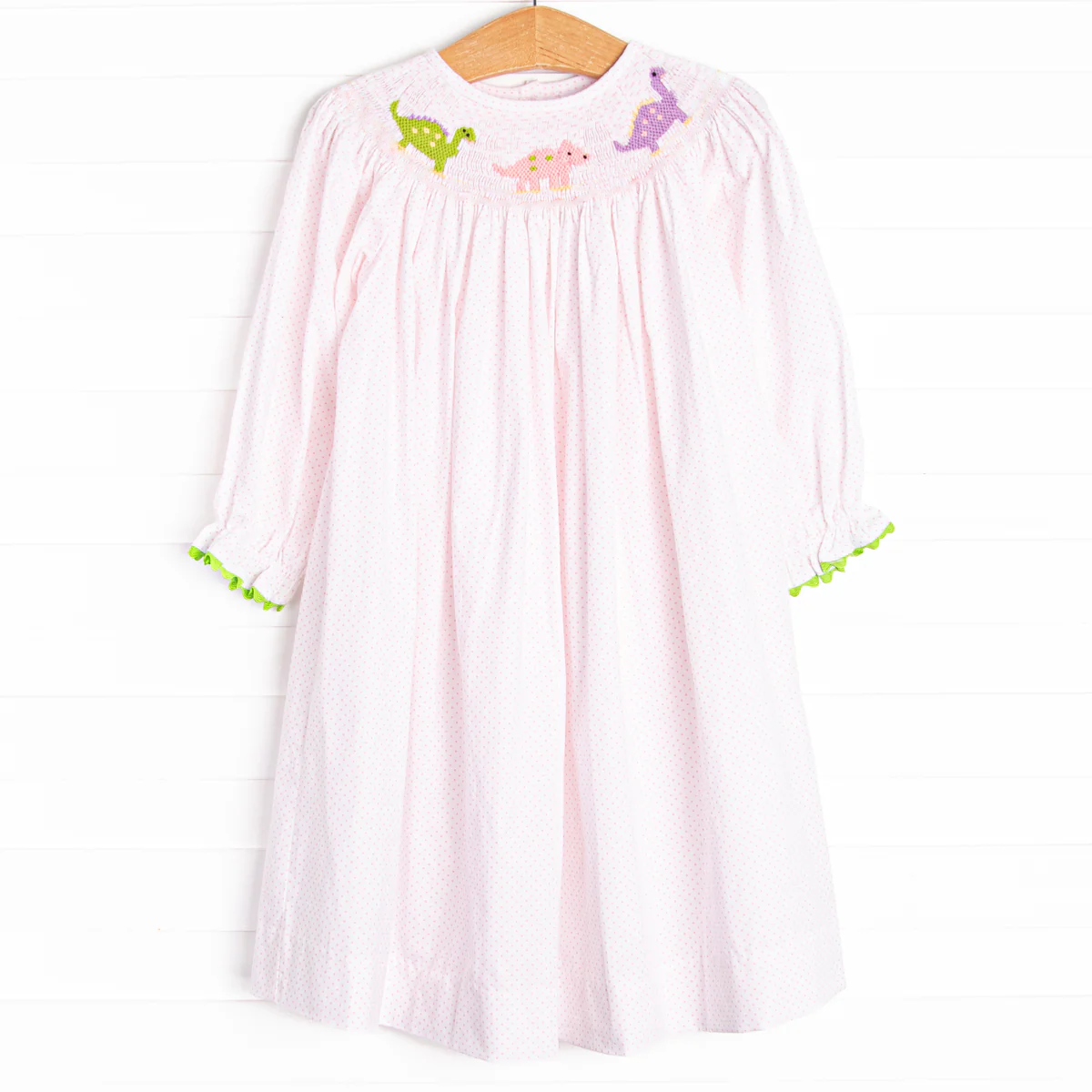 Baby Girls Pink Long Ruffle Sleeves Dinosaurs Smocked Knee Length Dresses Preorder