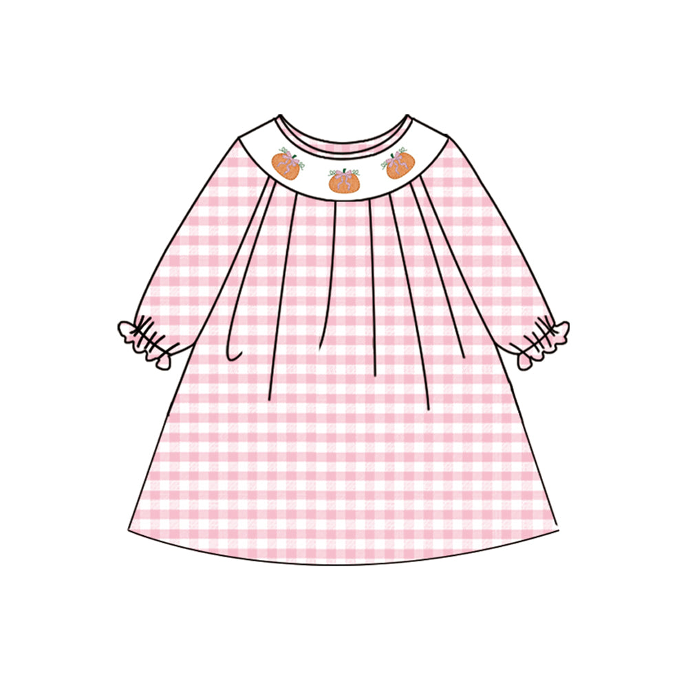 Baby Girls Pink Plaid Long Ruffle Sleeves Pumpkins Smocked Knee Length Dresses Preorder