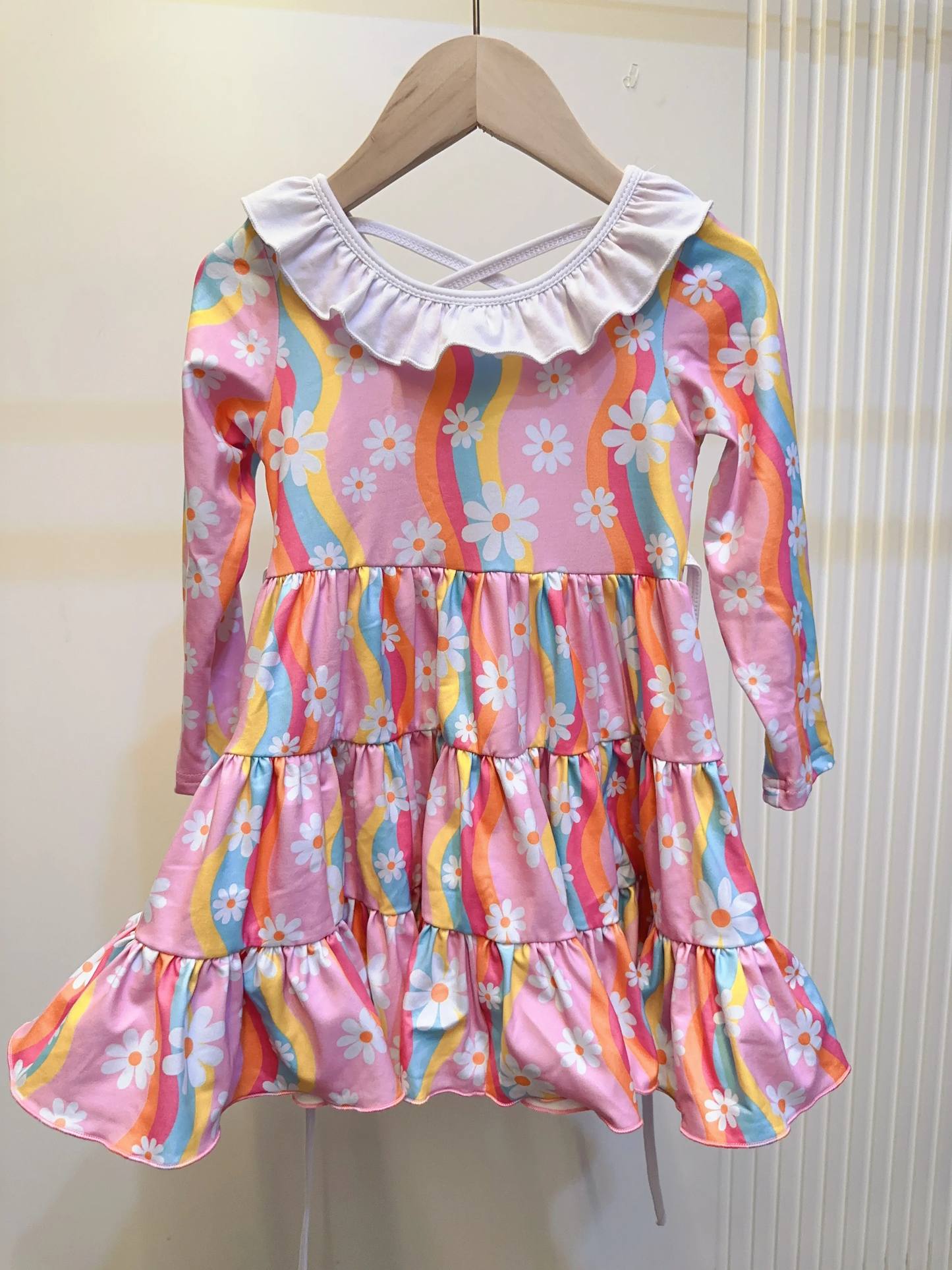 Baby Girls Pink Long Sleeves Flowers Rainbows Knee Length Dresses With Belt Preorder