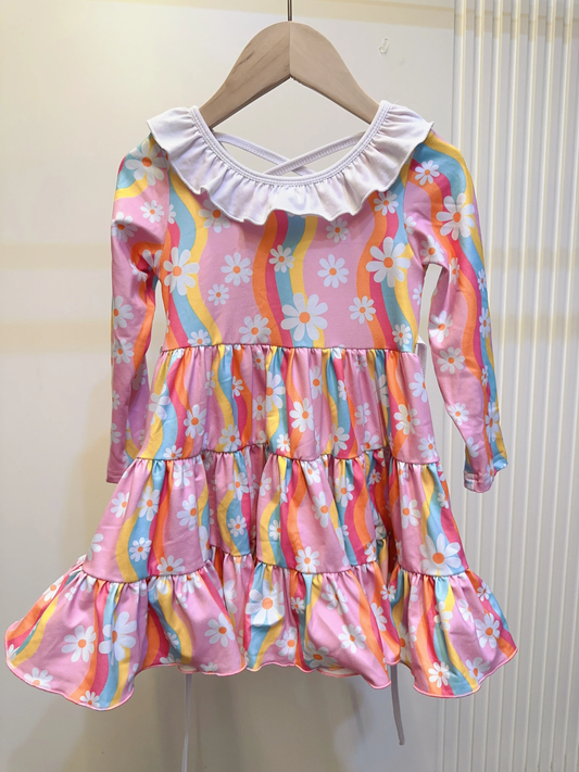 Baby Girls Pink Long Sleeves Flowers Rainbows Knee Length Dresses With Belt Preorder
