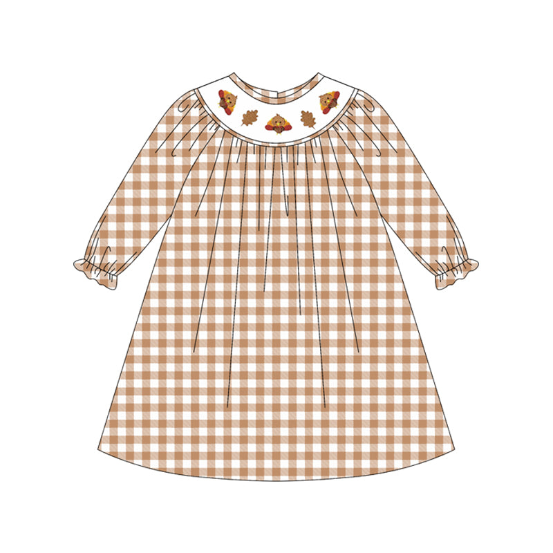 Baby Girls Long Ruffle Sleeves Khaki Plaid Smocked Turkey Leaves Knee Length Dresses Preorder