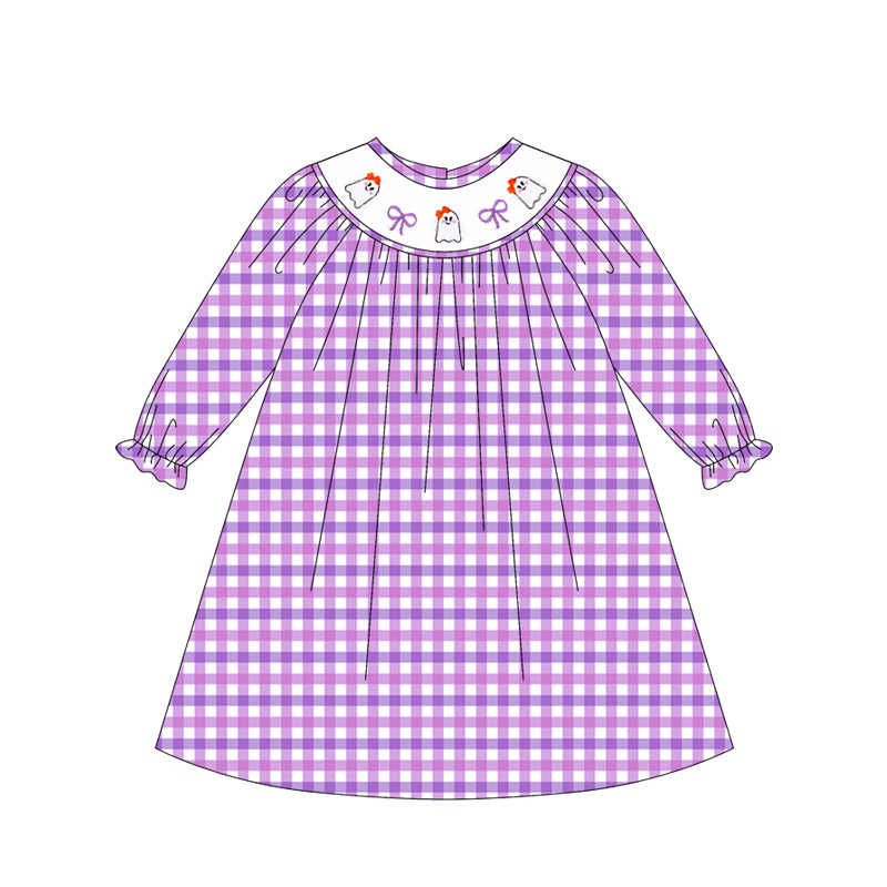 Baby Girls Long Ruffle Sleeves Purple Plaid Smocked Bows Ghosts Knee Length Dresses Preorder