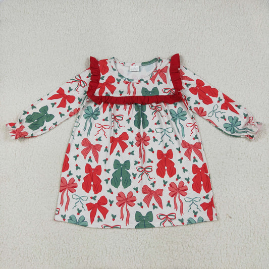 Sibling Baby Girls Green Red Bows Long Sleeves Christmas Knee Length Dresses