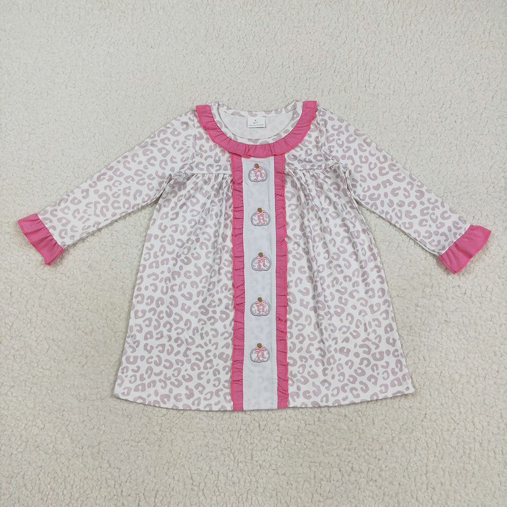 Embroidery Pumpkins Baby Girls Pink Leopard Fall Knee Length Dresses