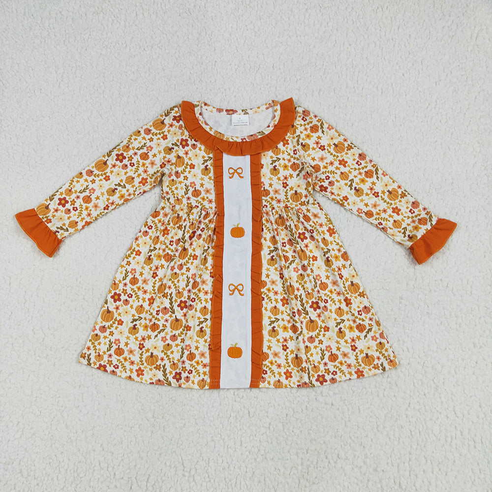 Embroidery Baby Girls Fall Floral Bows Pumpkins Knee Length Dresses