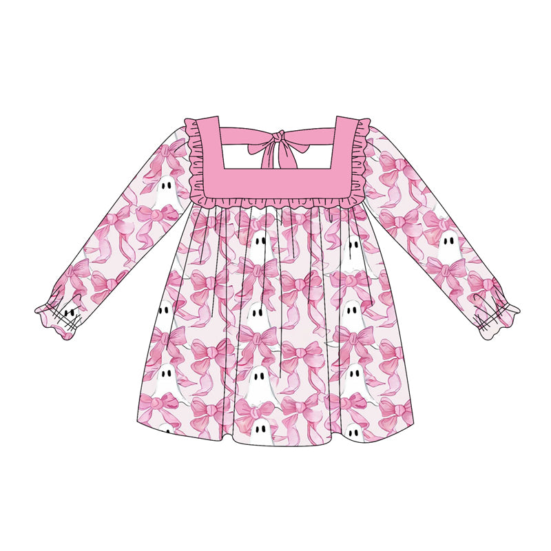 Preorder moq 5 Baby Girls Long Ruffle Sleeves Pink Bows Ghosts Knee Length Dresses