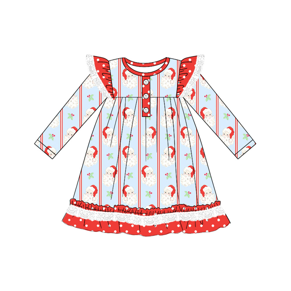 Baby Girls Long Sleeves Santa Stripe Button Ruffle Knee Length Dresses Preorder