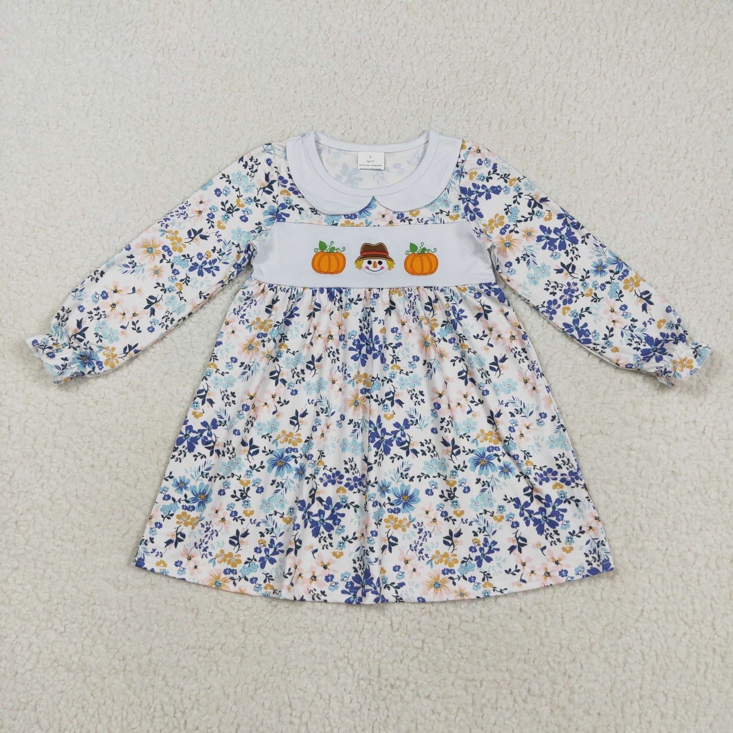 Embroidery Floral Pumpkins Baby Girls Long Ruffle Sleeves Fall Knee Length Dress