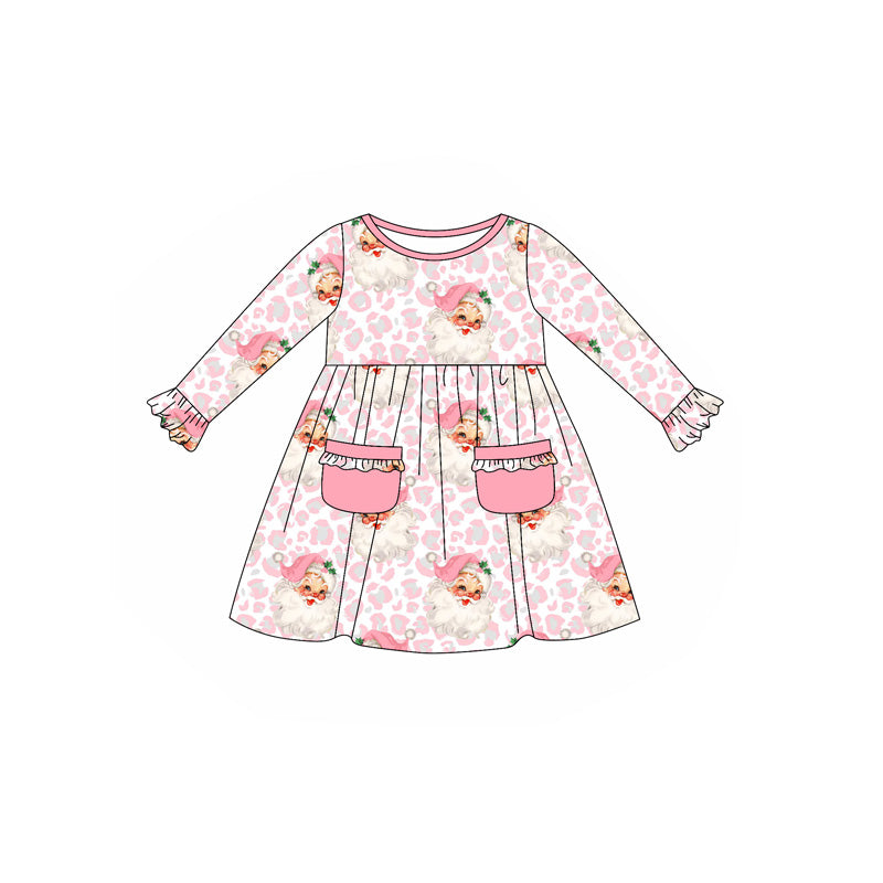 Baby Girls Long Ruffle Sleeves Pink Leopard Santa Pockets Knee Length Dress Preorder