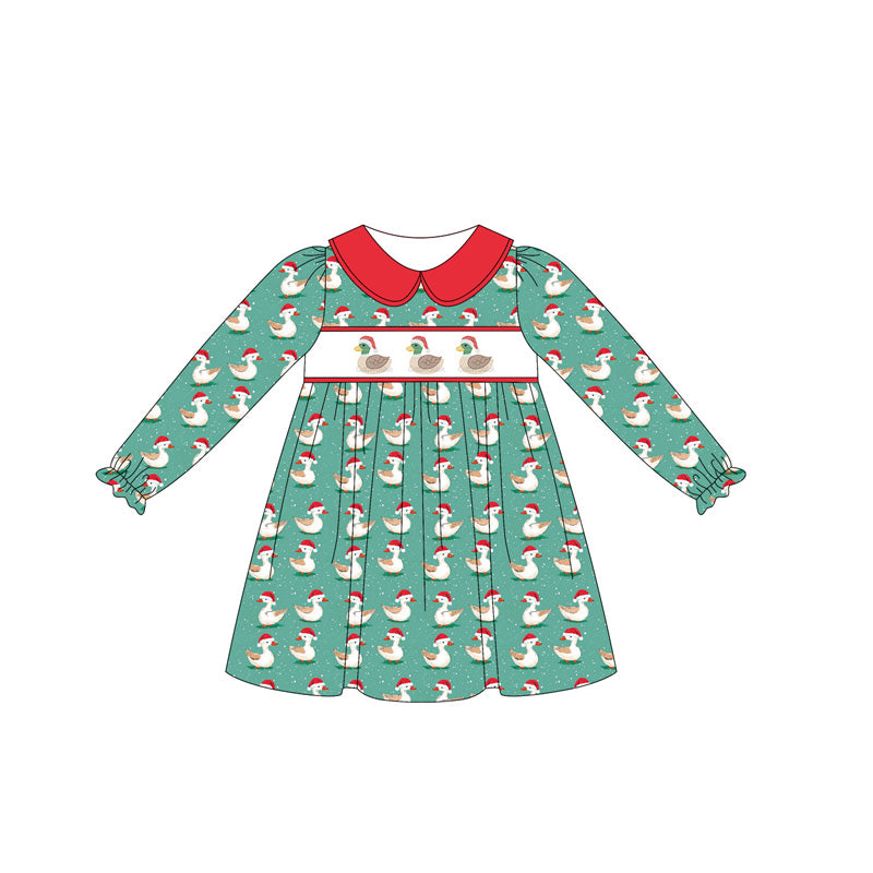 Baby Girls Green Long Ruffle Sleeves Ducks Plaid Knee Length Dress Preorder