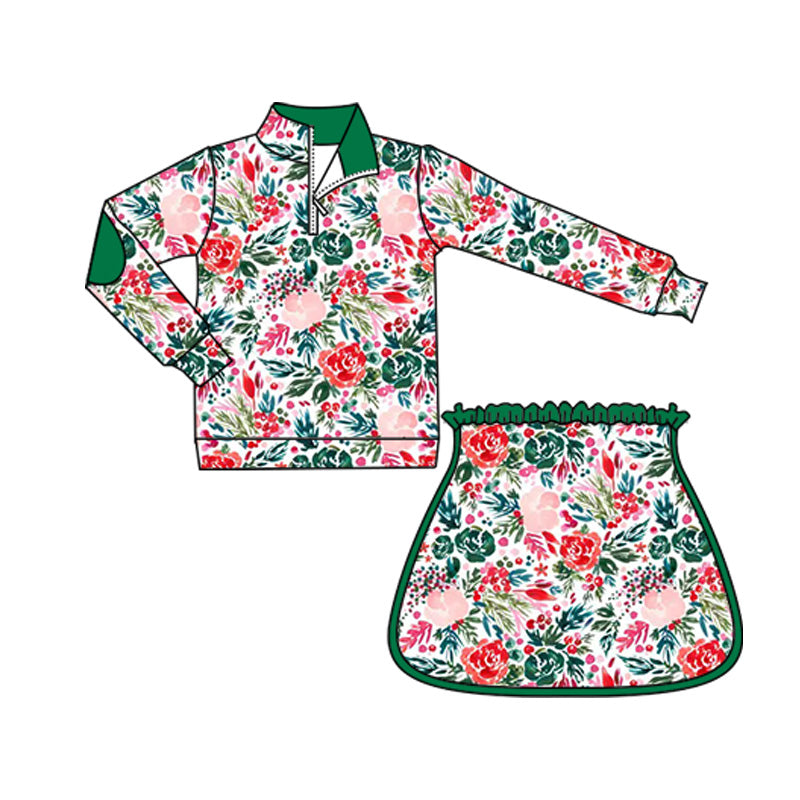 Baby Girls Long Sleeves Green Red Floral Zip Pullovers Top Skorts Clothes Set