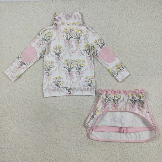 Baby Girls Pink Bows Flowers Plaid Half Zip Pullpvers Skorts Set