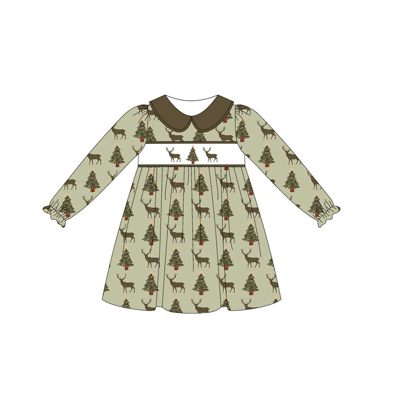 Baby Girls Olive Long Ruffle Sleeves Deer Trees Knee Length Dresses Preorder