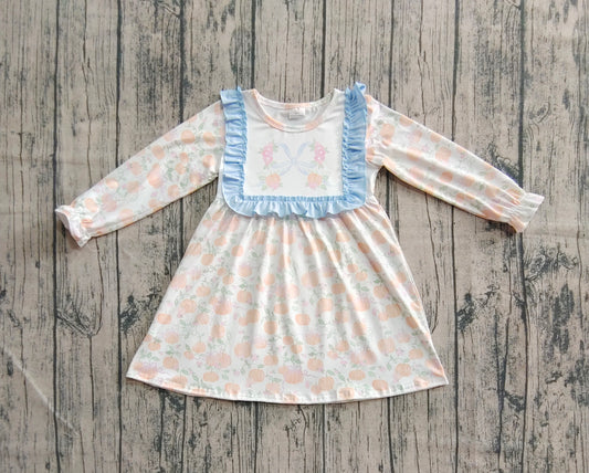 Baby Girls Long Ruffle Sleeves Light Blue Pumpkins Knee Length Dresses