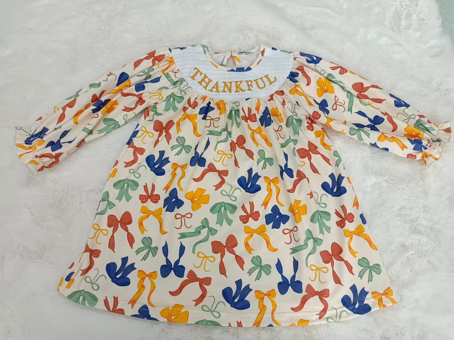 Smocked Embroidery Baby Girls Thanksgiving Thankful Colorful Bows Knee Length Dresses