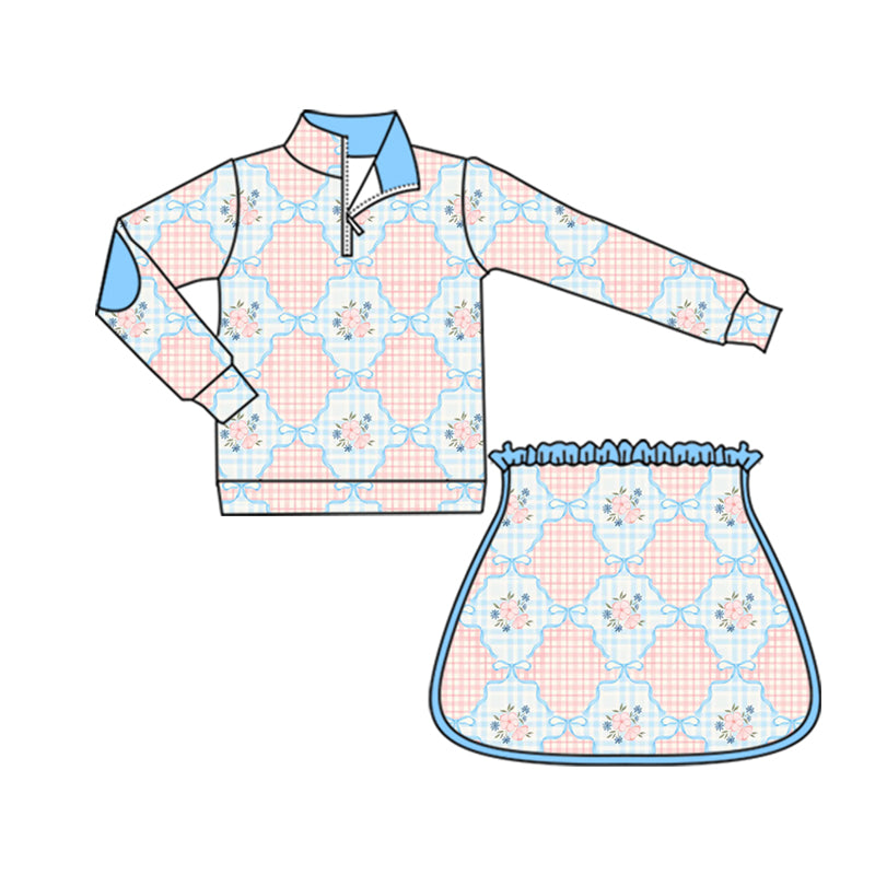 Preorder moq 5 Baby Girls Long Sleeves Pink Flowers Plaid Zipper Top Skorts Set