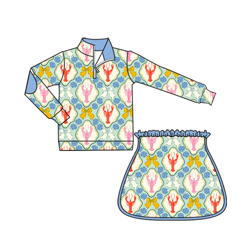 Preorder moq 5 Baby Girls Long Sleeves Bows Crayfishes Plaid Zipper Top Skorts Set