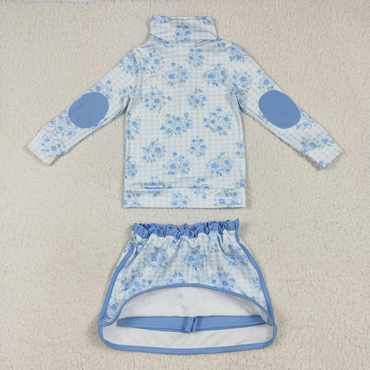 Baby Girls Long Sleeves Blue Flowers Plaid Zipper Top Skorts Yoga Sets