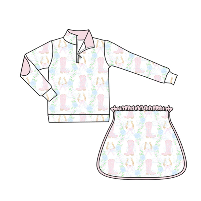 Preorder Baby Girls Pink Boots Flowers Zipper Pullovers Skorts Set