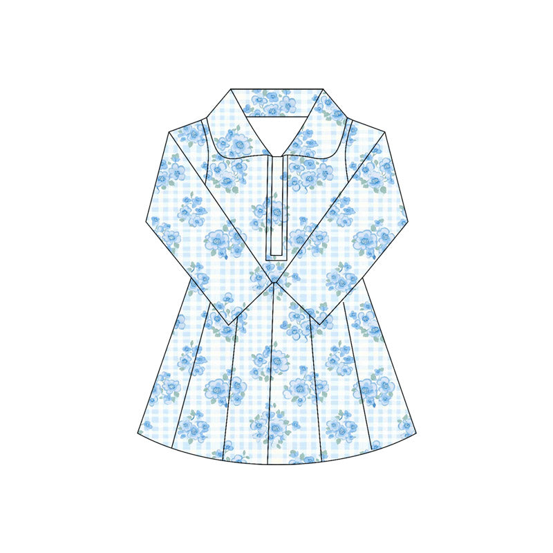 Baby Girls Long Sleeves Blue Flowers Plaid Zipper Knee Length Dresses Preorder