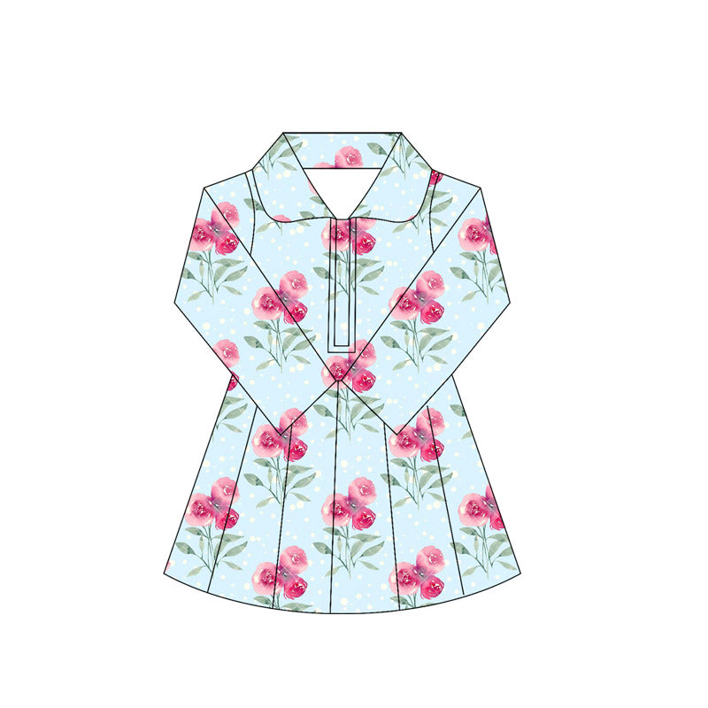 Baby Girls Long Sleeves Pink Flowers Zipper Knee Length Dresses Preorder