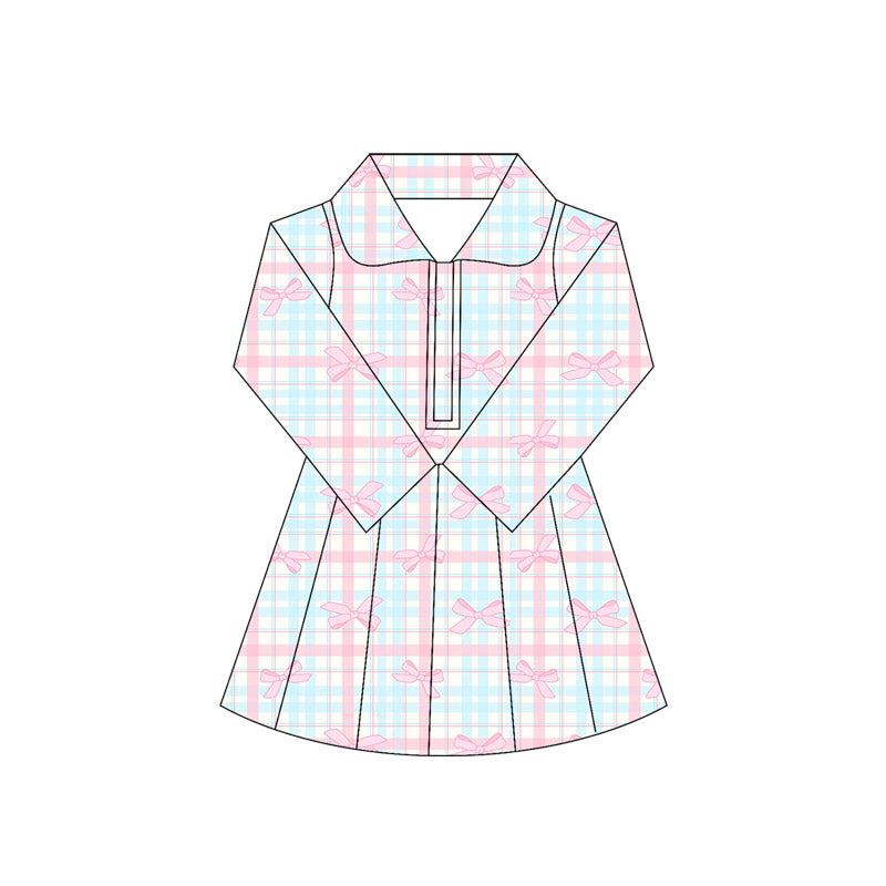 Baby Girls Long Sleeves Pink Bows Plaid Zipper Knee Length Dresses Preorder
