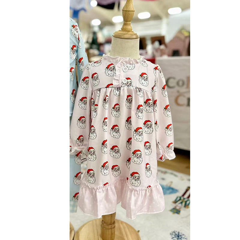 Preorder moq 5 Baby Girls Long Ruffle Sleeves Pink Santa Plaid Button Knee Length Dresses