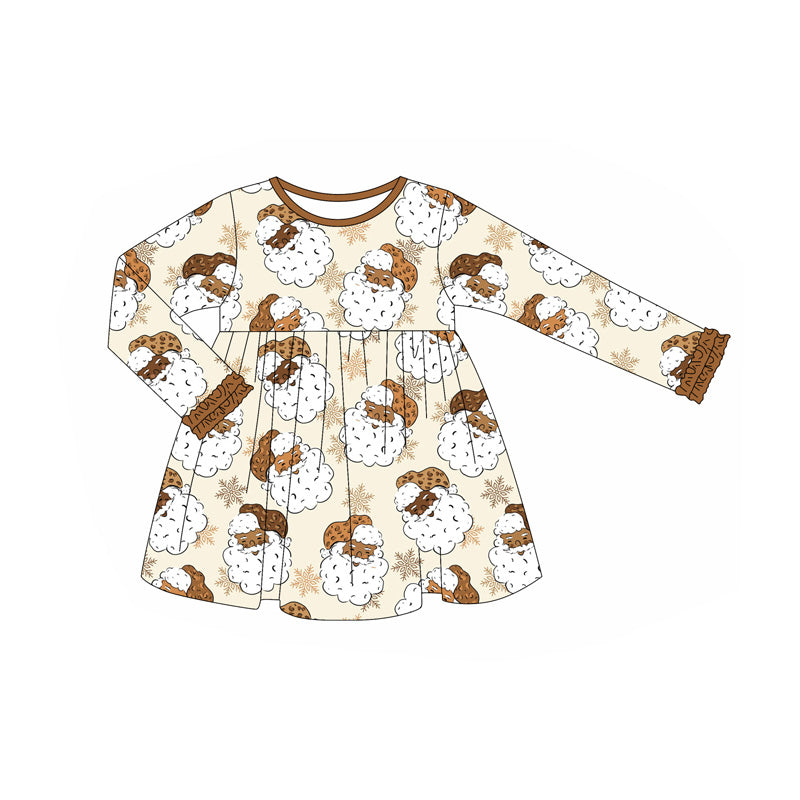 Baby Girls Long Ruffle Sleeves Khaki Santa Snowflake Knee Length Dress Preorder