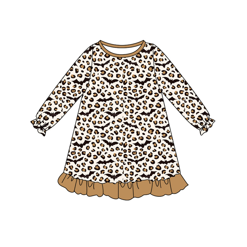 Baby Girls Long Ruffle Sleeves Leopard Bats Knee Length Dresses Preorder