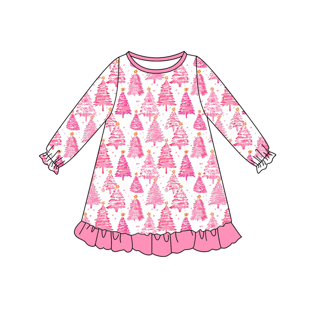 Baby Girls Long Ruffle Sleeves Pink Trees Plaid Knee Length Dresses Preorder