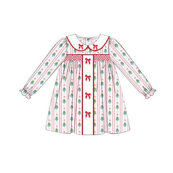 Baby Girls Long Ruffle Sleeves Red Green Bows Stripe Knee Length Dresses Preorder