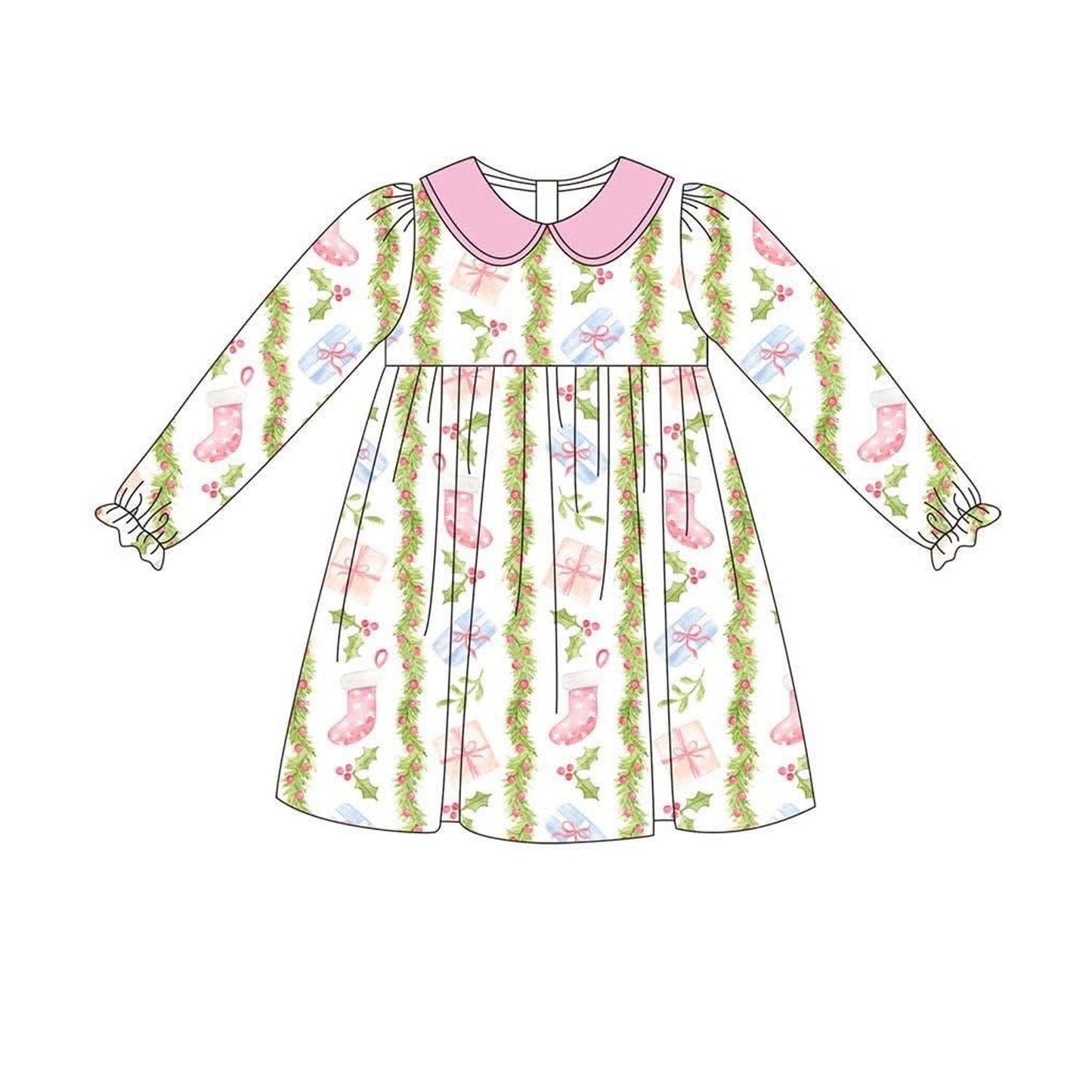 Baby Girls Long Ruffle Sleeves Gifts Floral Stripe Knee Length Dresses Preorder