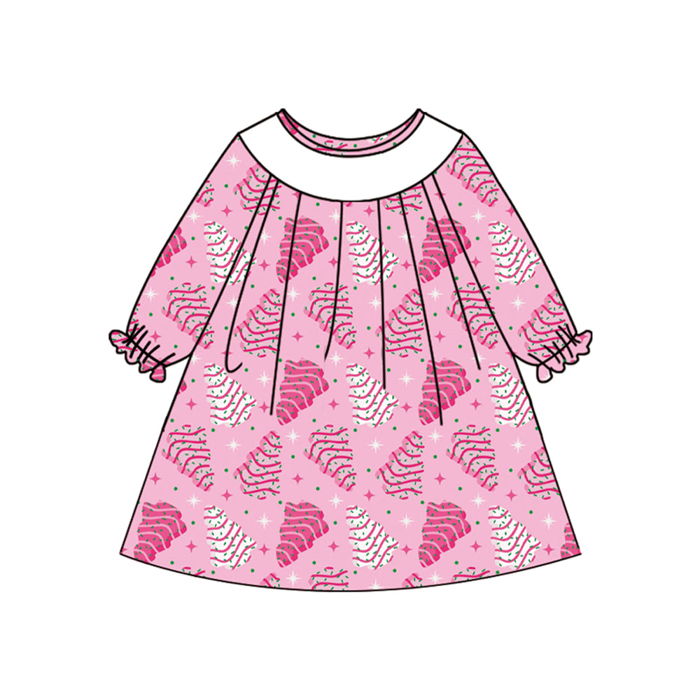 Baby Girls Hot Pink Long Ruffle Sleeves Stripe Trees Plaid Knee Length Dresses Preorder