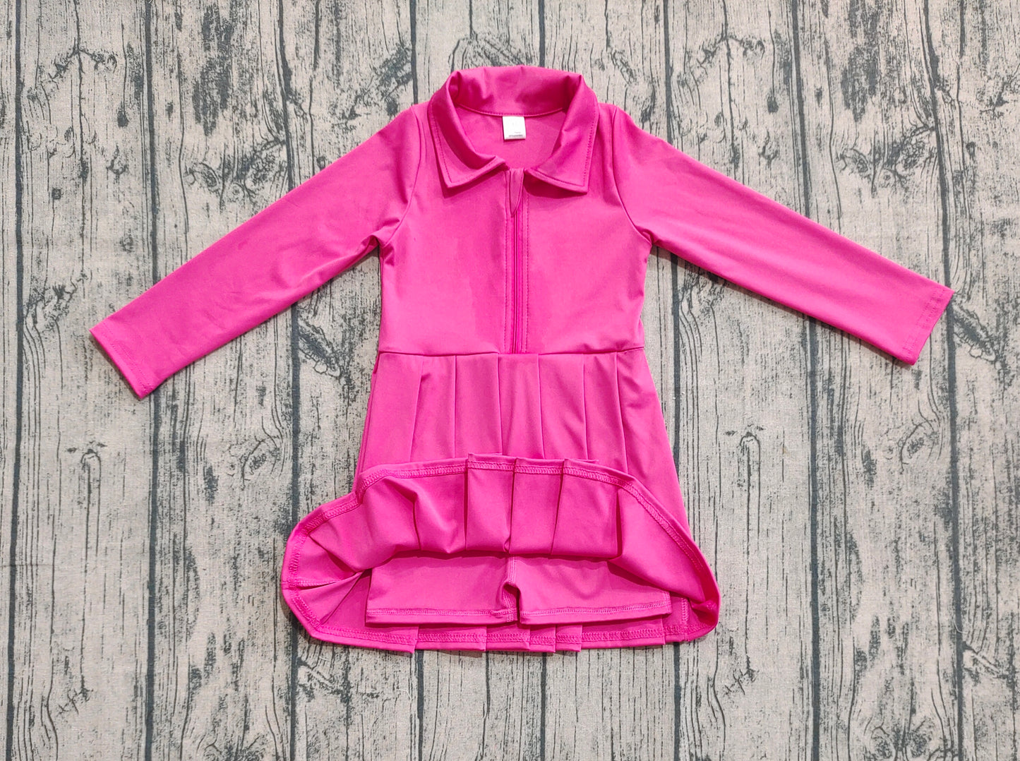 Baby Girls Hotpink Long Sleeves Zipper Yoga Pleated Knee Length Dresses