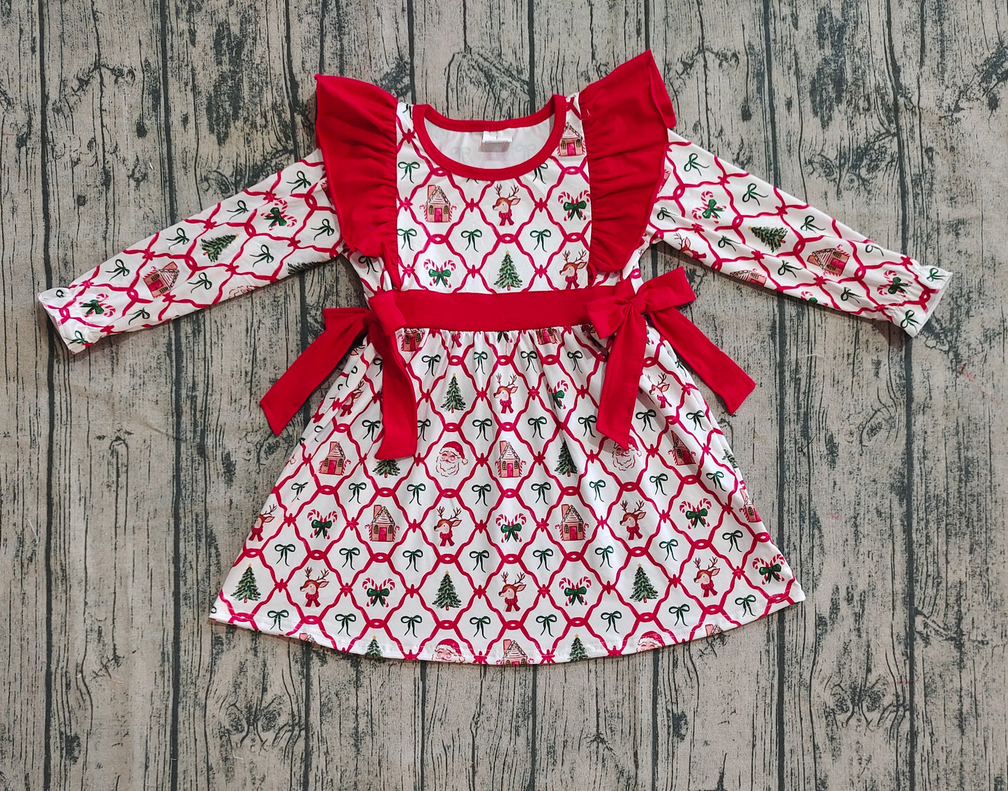 Baby Girls Christmas Deers Bows Trees Knee Length Dresses