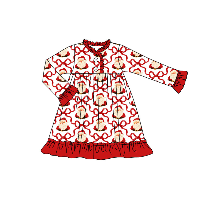 Baby Girls Long Ruffle Sleeves Bows Santa Plaid Button Knee Length Dresses Preorder