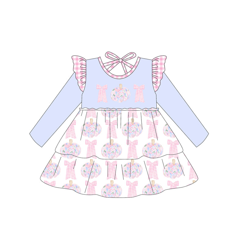 Baby Girls Long Sleeves Floral Pumpkins Bows Knee Length Dresses Preorder