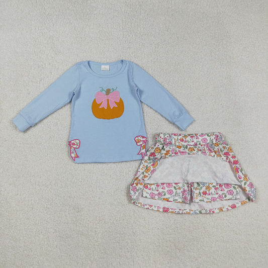 Embroidery Baby Girls Blue Long Sleeves Bows Pumpkin Top Flowers Skorts Sets