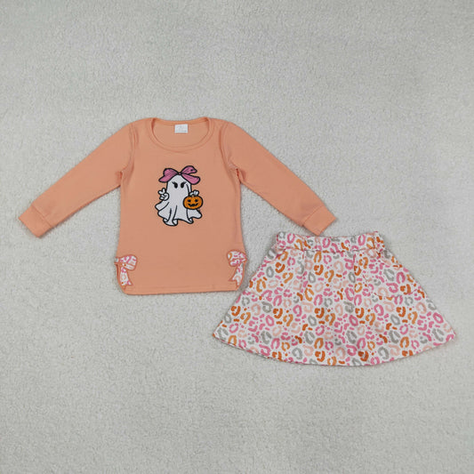 Sibling Embroidery Bows Ghosts Pumpkins Baby Girls Shirts Top Flowers Leopard Skorts Fall Clothes Sets