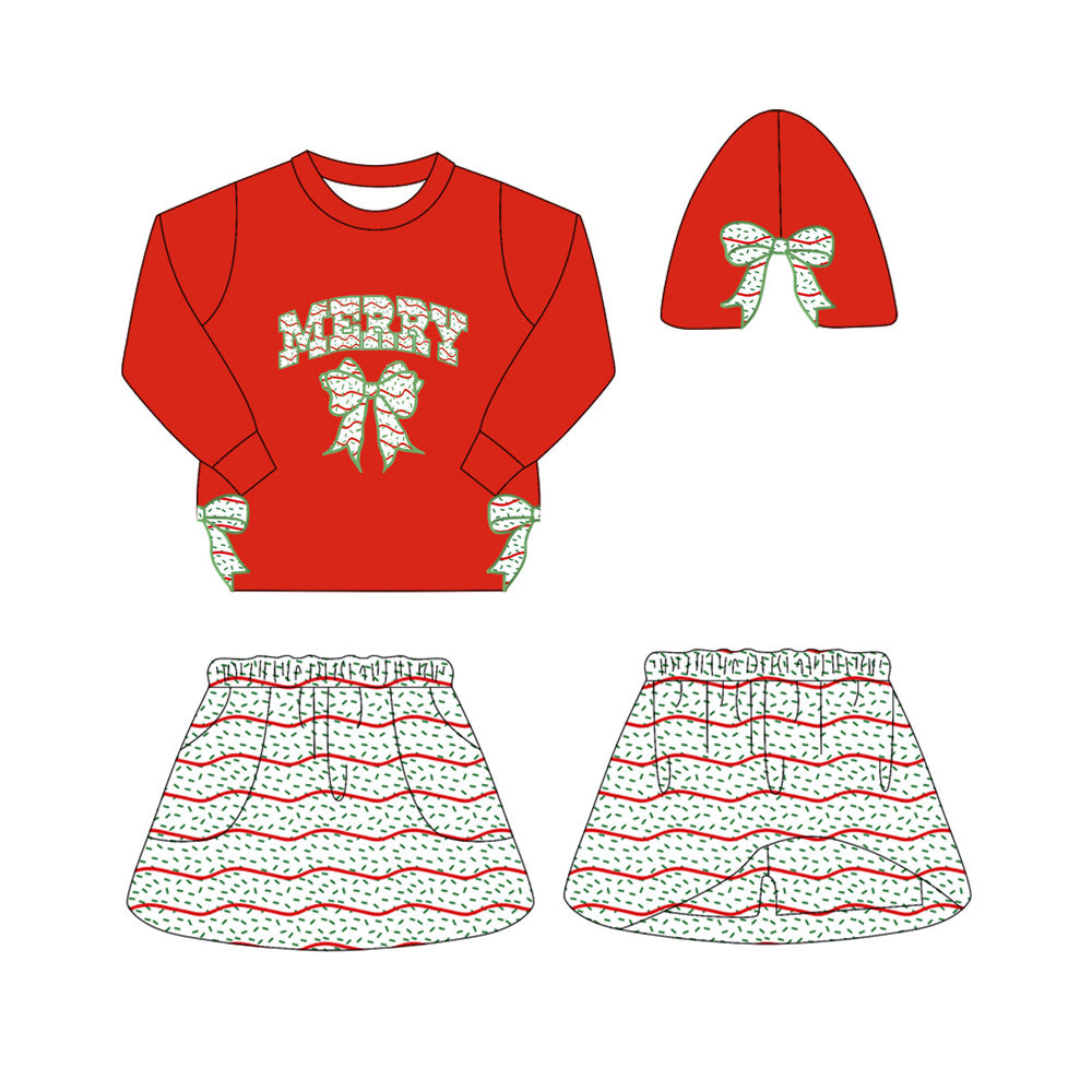 Preorder moq 5 Baby Girls Red Bows Merry Christmas Top Skorts Set