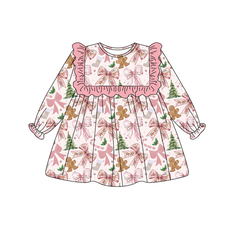 Baby Girls Blue Long Ruffle Sleeves Pink Gingerbread Bows Knee Length Dresses Preorder