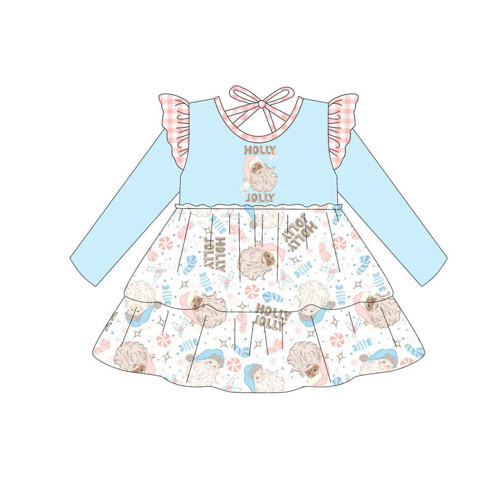 Baby Girls Blue Long Sleeves Holly Santa Plaid Knee Length Dresses Preorder
