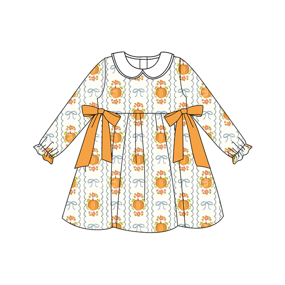 Baby Girls Long Ruffle Sleeves Pumpkin Bows Plaid Knee Length Dresses Preorder