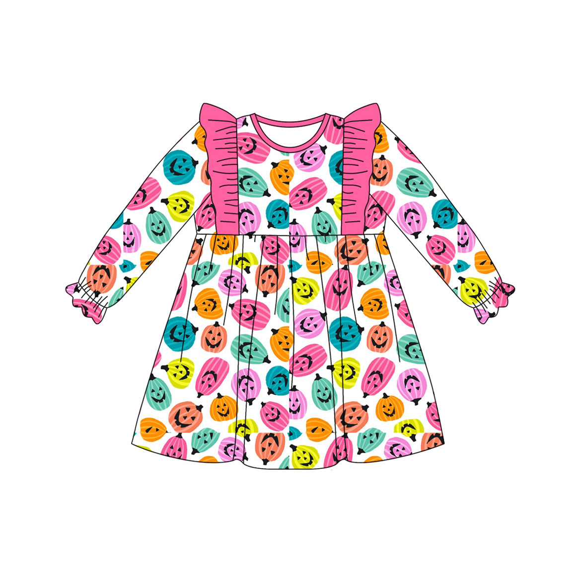 Baby Girls Long Ruffle Sleeves Colorful Ghost Pumpkins Knee Length Dresses Preorder