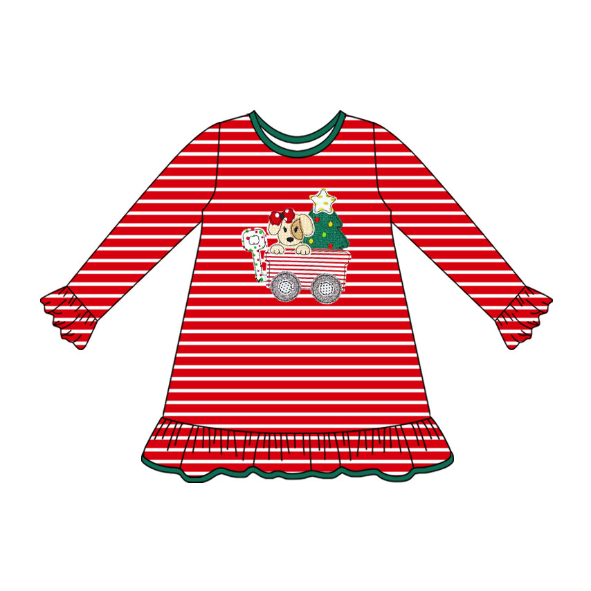 Baby Girls Long Ruffle Sleeves Christmas Trees Trucks Knee Length Dresses Preorder