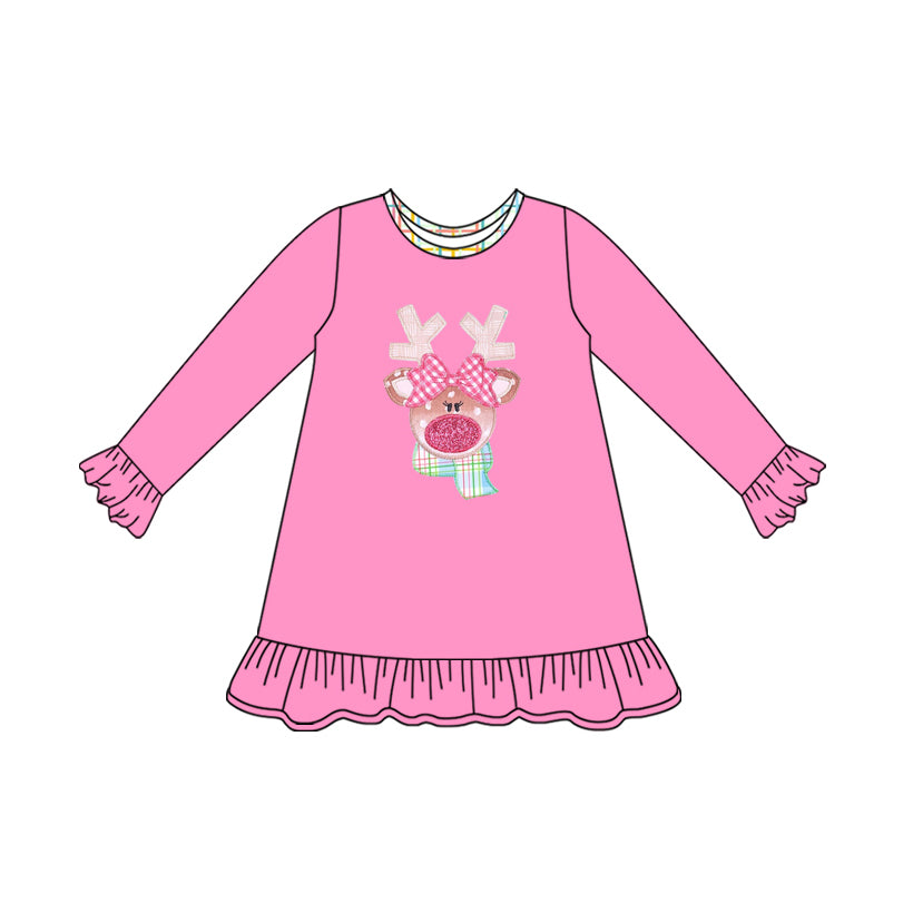 Baby Girls Pink Long Ruffle Sleeves Christmas Deer Knee Length Dresses Preorder