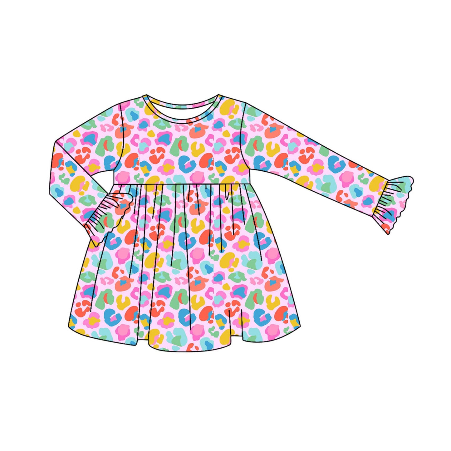 Baby Girls Long Ruffle Sleeves Colorful Leopard Knee Length Dresses