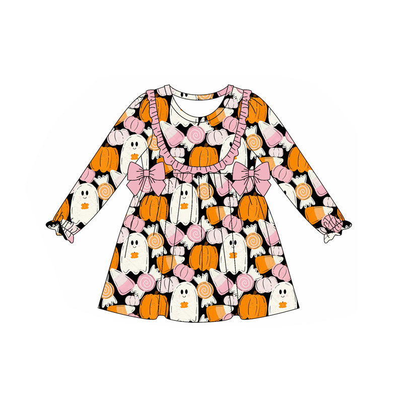 Baby Girls Long Ruffle Sleeves Ghost Pumpkins Bows Knee Length Dress Preorder