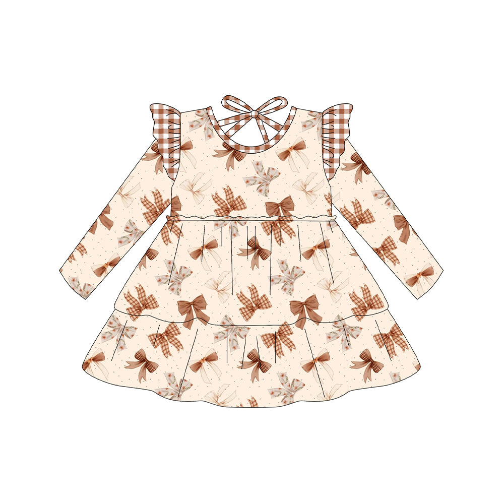 Baby Girls Long Sleeves Khaki Bows Plaid Knee Length Dresses Preorder